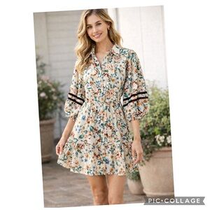 LC LAUREN CONRAD FLORAL PRINT PUFF SLEEVE MINI SHIRT DRESS